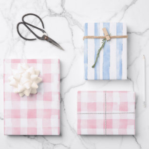 Hübsche rosa blaue weiße Karos Streifen Brautparty Geschenkpapier Set