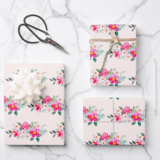 Hübsche rosa Blume Bouquet Geschenkpapier Set (Vorderseite)