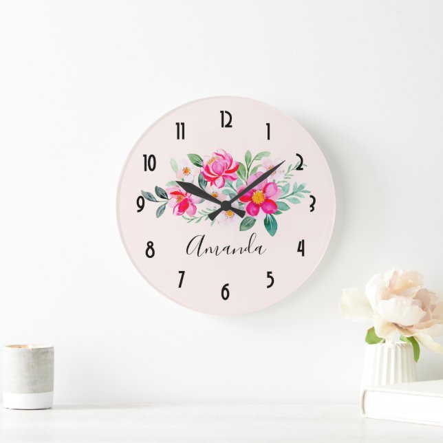 Hübsche rosa Blume Bouquet Große Wanduhr (Zuhause)