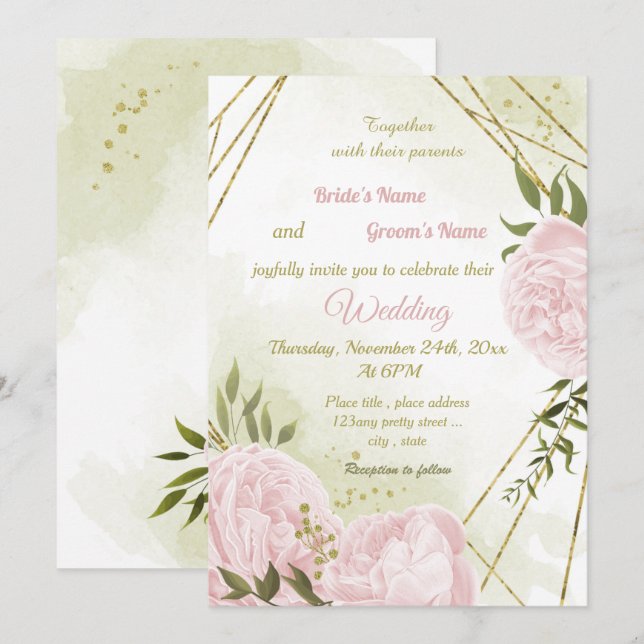 hübsche rosa Blume grün geometrische Hochzeit Einladung (Vorne/Hinten)