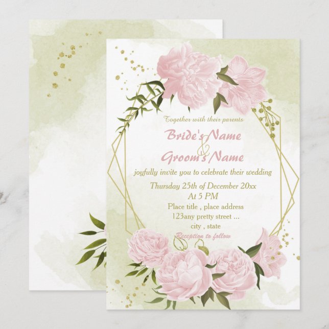 hübsche rosa Blume grün geometrische Hochzeit Einladung (Vorne/Hinten)