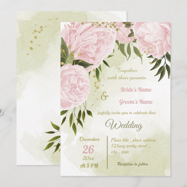 hübsche rosa Blume grün geometrische Hochzeit Einladung (Vorne/Hinten)
