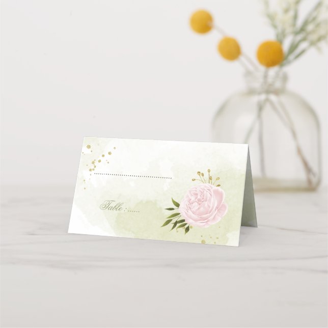 hübsche rosa Blume, grüne Blätter Platzkarte (Vorderseite)