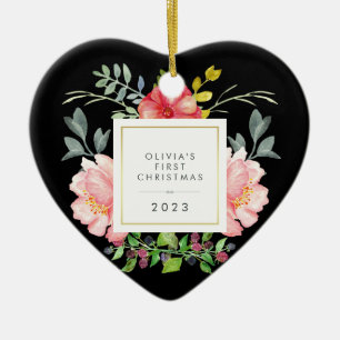 Hübsche rosa Blume Kindermädchen Erste Weihnachten Keramikornament