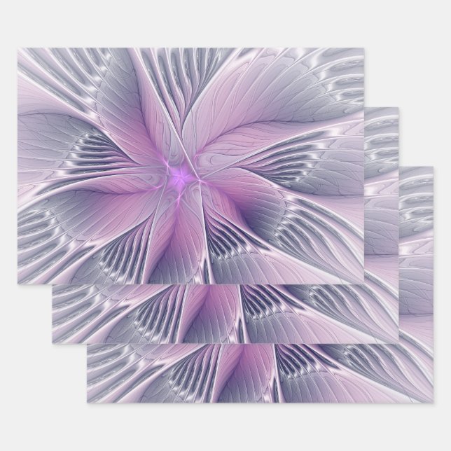 Hübsche rosa Blume Moderne Abstrakte Fraktal Kunst Geschenkpapier Set (Set)