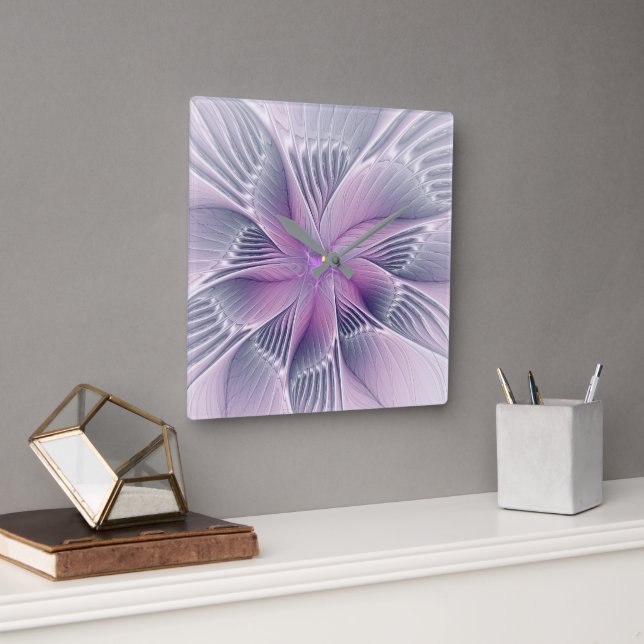 Hübsche rosa Blume Moderne Abstrakte Fraktal Kunst Quadratische Wanduhr (Büro)