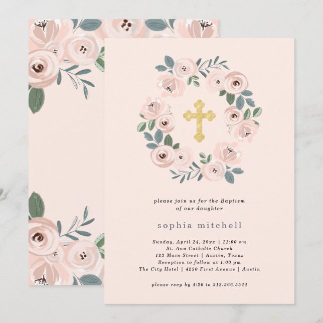Hübsche Rosa Blume und Goldkreuz | Taufe Einladung (Vorne/Hinten)