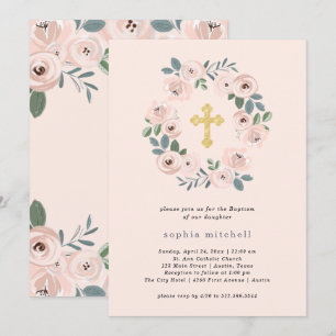 Hübsche Rosa Blume und Goldkreuz   Taufe Einladung