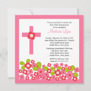 Hübsche Rosa Blume und Kreuz Erste Heilige Kommune Einladung