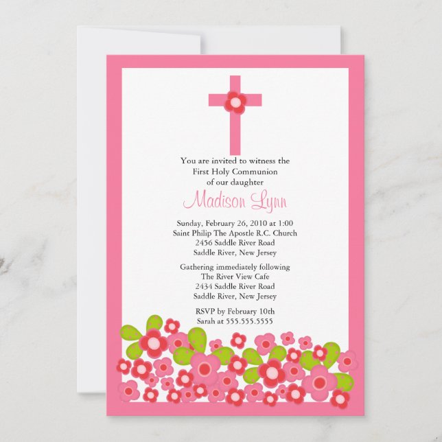 Hübsche Rosa Blume und Kreuz Erste Heilige Kommune Einladung (Vorderseite)