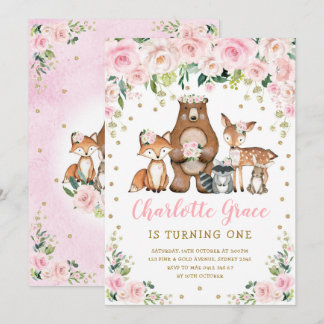 Hübsche Rosa Blume Woodland Tiere Mädchen Geburtst Einladung