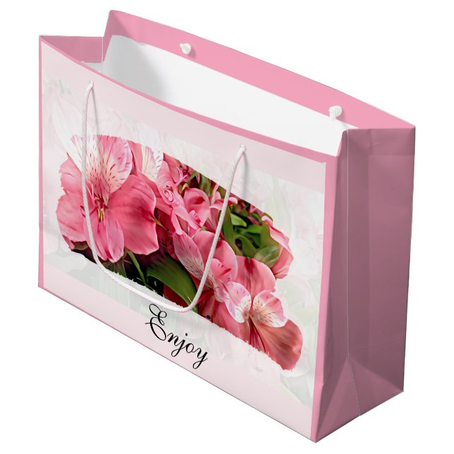 Hübsche rosa Blumen-Geschenktasche Große Geschenktüte (Vorderseite Schrägansicht)