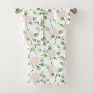 Hübsche rosa Blumen grüne Blätter Badhandtuch Set