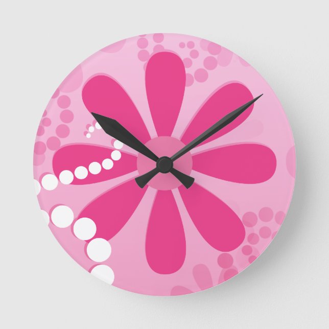 Hübsche rosa Blumen-niedliches Retro Runde Wanduhr (Vorderseite)