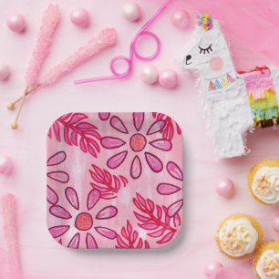Hübsche rosa Blumen- und Blätter-Papierteller Pappteller