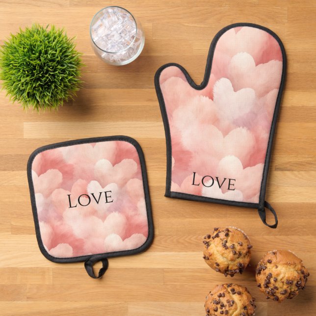Hübsche Rosa Blush Liebe Ofenhandschuh & Topflappen-Set (Oben Unten)