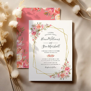 Hübsche Rosa Blütengoldrahmen Hochzeit Einladung