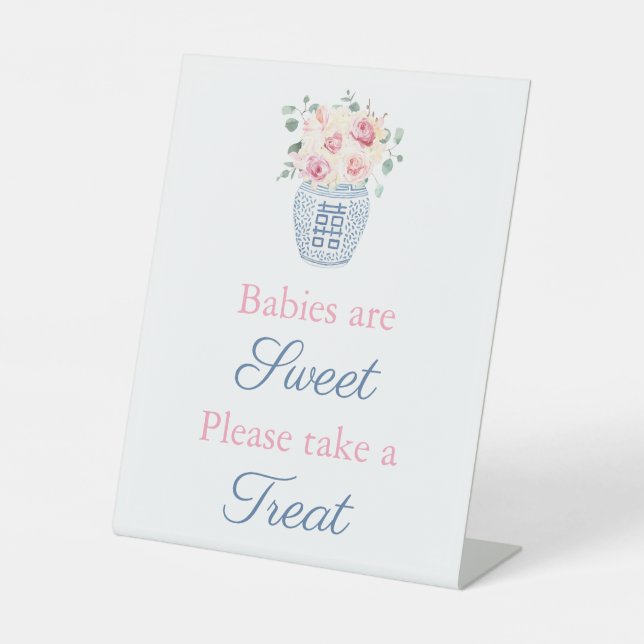 Hübsche Rosa Creme Rose Kinderdusche Gefallen Tisc Sockelschild (Vorderseite)