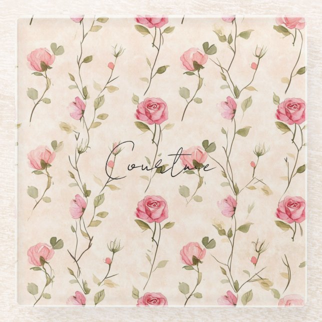 Hübsche rosa cremefarbene Rosen Blumen-Brautjungfe Glasuntersetzer (Vorderseite)