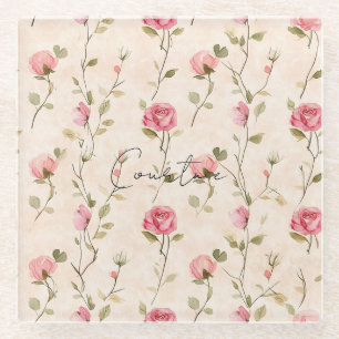 Hübsche rosa cremefarbene Rosen Blumen Hochzeitsdu Glasuntersetzer