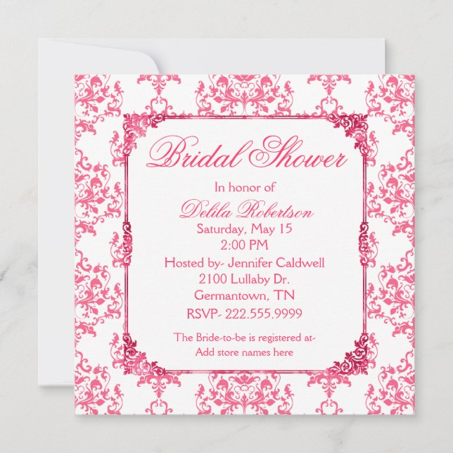 Hübsche Rosa Damask Braun-Dusche Einladung (Vorderseite)