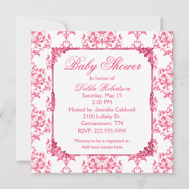 Hübsche Rosa Damask Kinderdusche Einladung (Vorderseite)