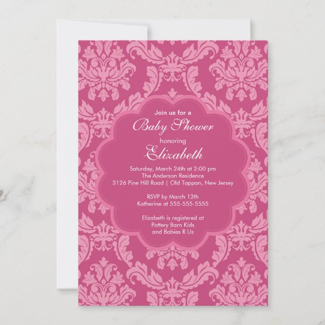 Hübsche Rosa Damask Spring Baby Dusche Einladung (Vorderseite)