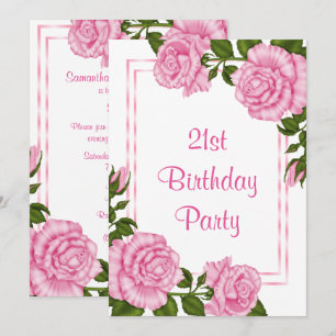 Hübsche rosa Eckbouquets 21. Geburtstag Einladung