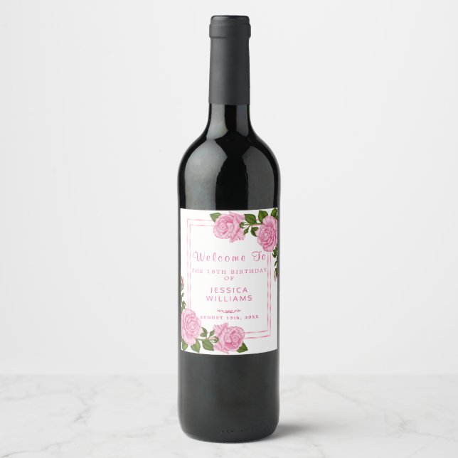 Hübsche Rosa Ecke Bouquets Geburtstagsweine Weinetikett (Vorderseite)