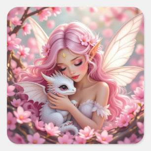 Hübsche rosa Elfenfee und Drache Quadratischer Aufkleber