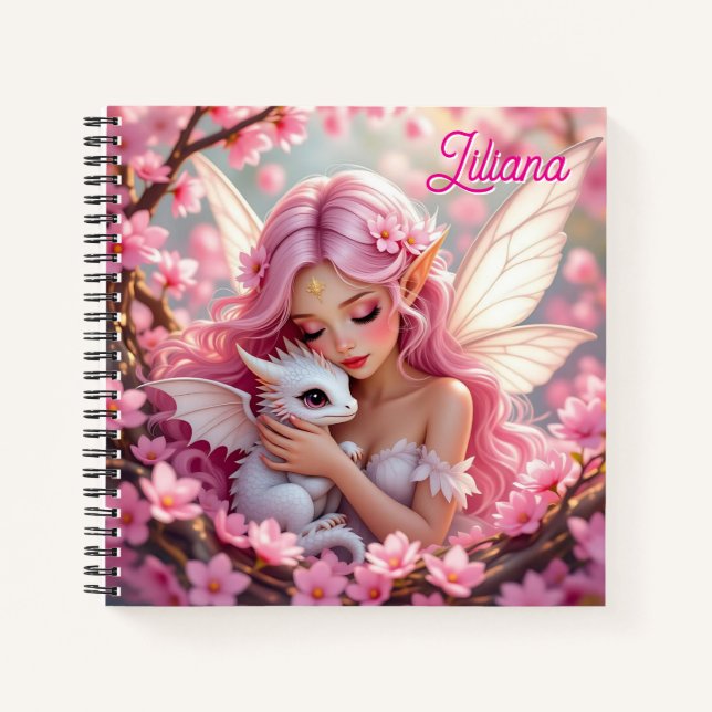 Hübsche rosa elfenhafte Fee & Drache Personalisier Notizbuch (Vorderseite)