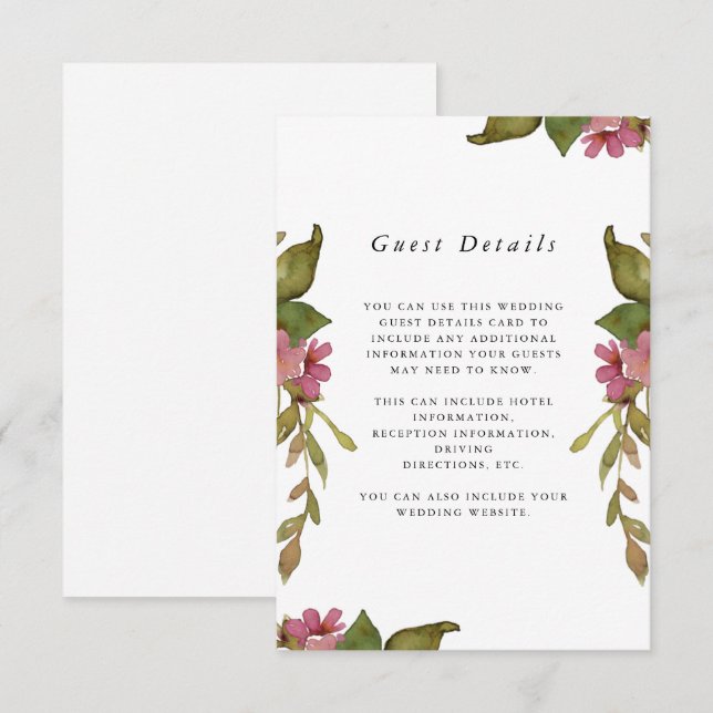 Hübsche Rosa Floral Wedding Guest Detail Begleitkarte (Vorne/Hinten)