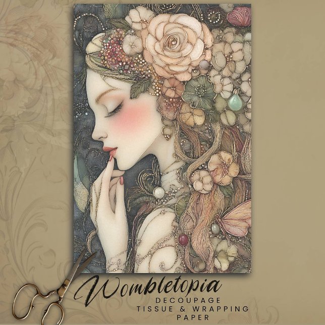 Hübsche Rosa florale Dame mit Stickerei Decoupage Seidenpapier (Von Creator hochgeladen)