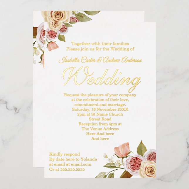 Hübsche Rosa Gold Floral Elegante Hochzeit Folieneinladung (Vorderseite/Rückseite)