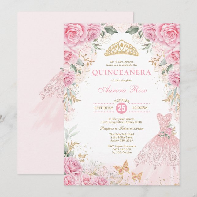 Hübsche Rosa Gold Rose Princess Dress Quinceañera Einladung (Vorne/Hinten)