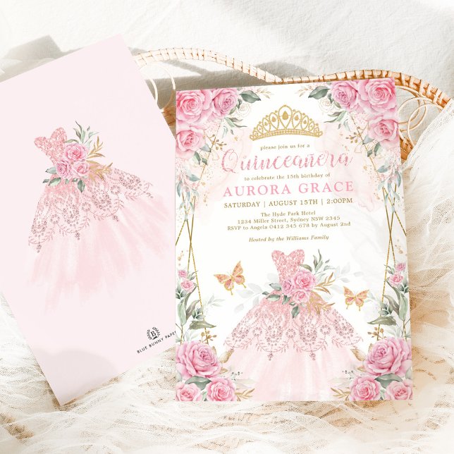 Hübsche Rosa Gold Rose Princess Dress Quinceañera Einladung (Von Creator hochgeladen)