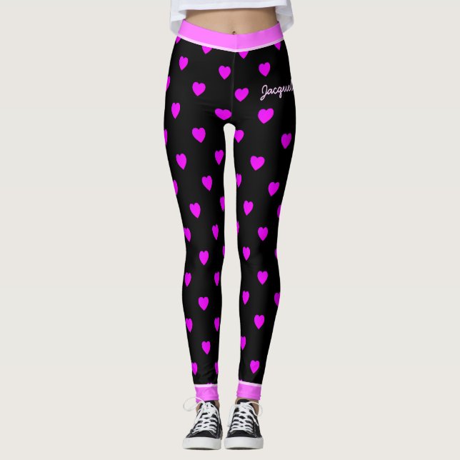 Hübsche rosa Herzen auf BLACK Leggings (Vorderseite)