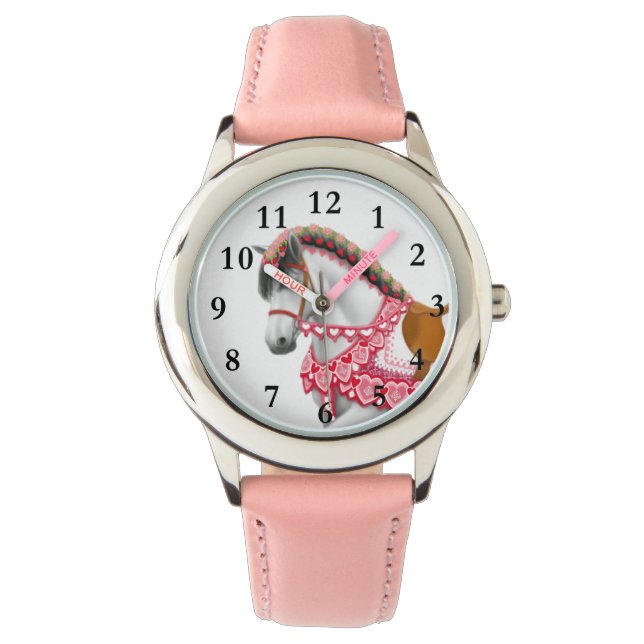 Hübsche Rosa Herzparade Pferde Kinder beobachten Armbanduhr (Vorderseite)