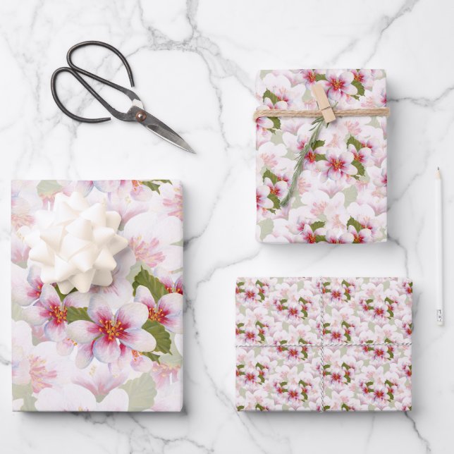 Hübsche Rosa Kirschblüten Wasserfarbe Geschenkpapier Set (Vorderseite)