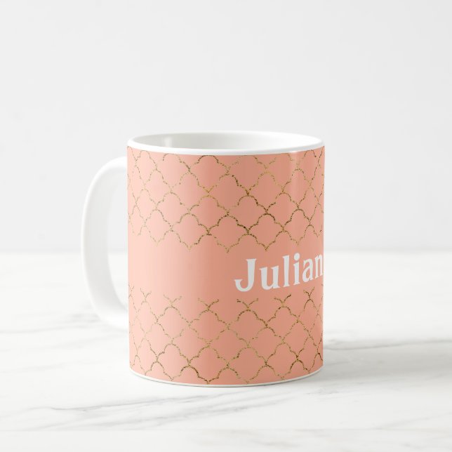 Hübsche Rosa Koralle Gold Quatrefolie Personalisie Kaffeetasse (Vorderseite Links)
