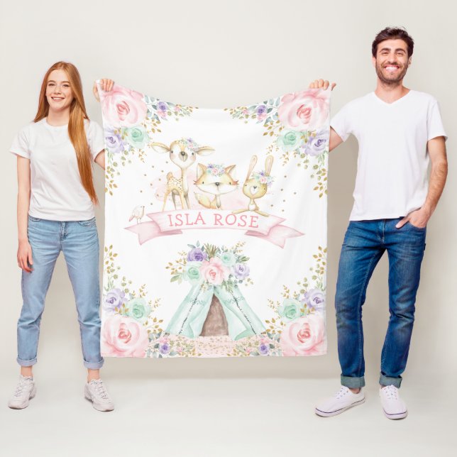 Hübsche Rosa Minze Lila Boho-Waldtiere Fleecedecke (Beispiel)