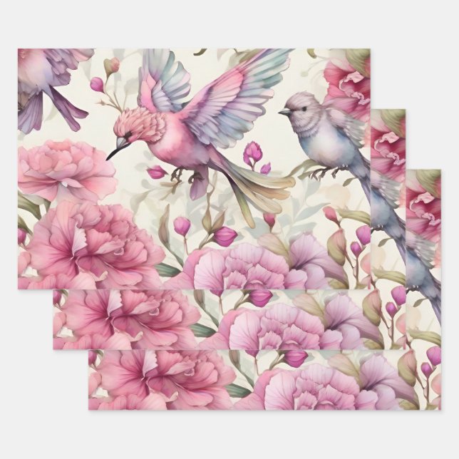 Hübsche Rosa Nelken Schöner rosa Lila Vogel Geschenkpapier Set (Set)