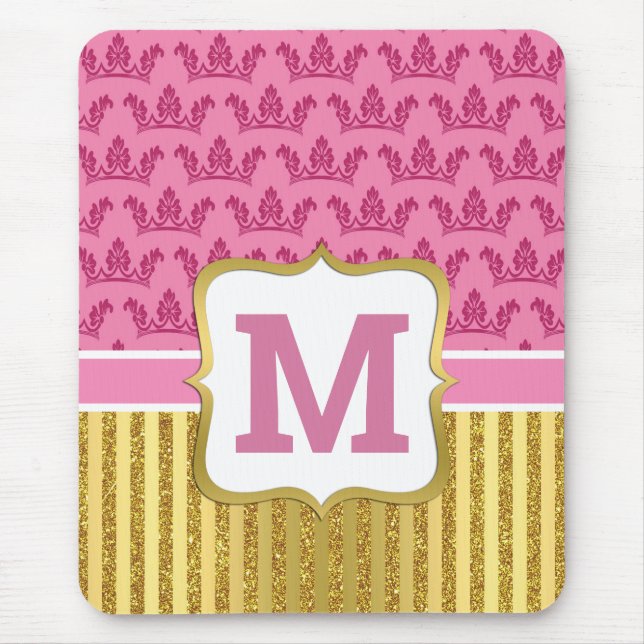 Hübsche Rosa Princess Crowns & Gold Glitzer Streif Mousepad (Vorne)