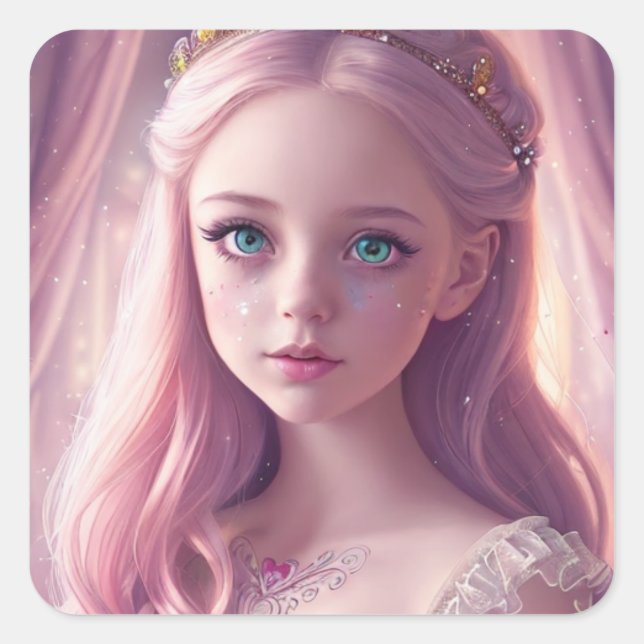 Hübsche rosa Prinzessin mit Glitzern Quadratischer Aufkleber (Vorderseite)