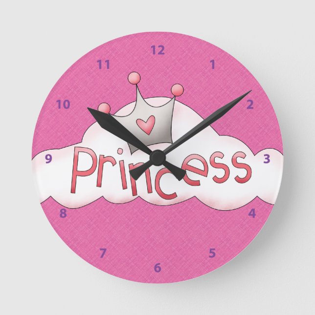 Hübsche rosa Prinzessin und Krone auf der Cloud Runde Wanduhr (Vorderseite)