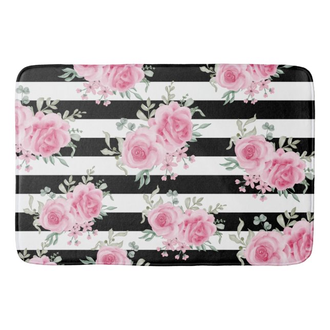 Hübsche Rosa Rose Schwarze Streifen Babydecke Badematte (Vorderseite)