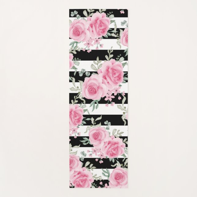Hübsche Rosa Rose Schwarze Streifen Yogmatte Yogamatte (Vorderseite)