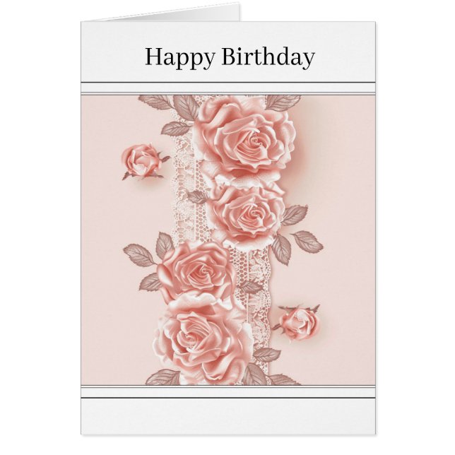 Hübsche rosa Rose & Spitzen-Grußkarte (Vorne)