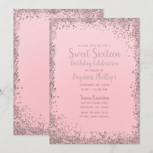 Hübsche Rosa Roségold Glitterrand Süße 16 Party Einladung