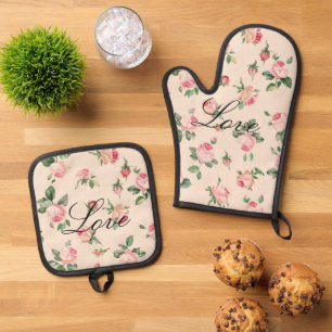 Hübsche rosa Rosen Florale Hochzeit Ofenhandschuh & Topflappen-Set
